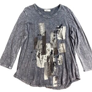 Jess & Jane Women Long Sleeve Tunic Top Botanical Print Gray Size L USA Cotton